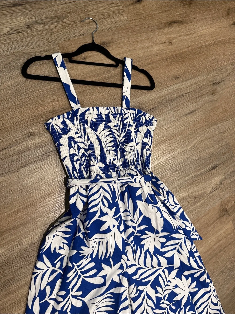 NWOT kate spade Blue & White Tropical Foliage Smocked Jumpsuit Wide-Leg Crop